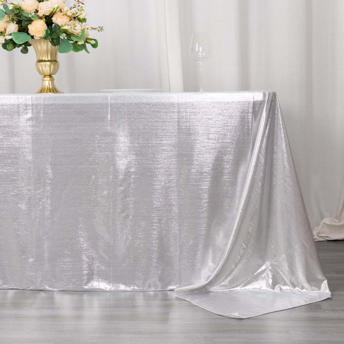 90x132in Rectangular Sequin Dots Polyester Tablecloth Silver